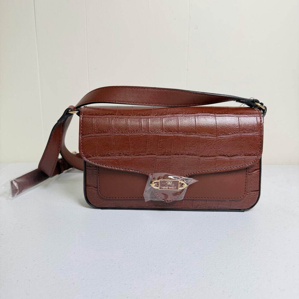 Nine West Brown Crocodile Embossed Crossbody Bag Gold Hardware